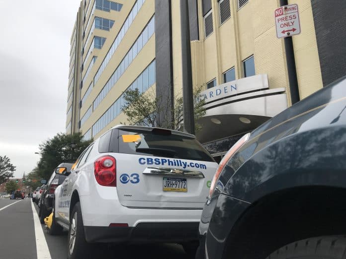 CBS van parked and booted right outside of their Philadelphia studios Friday morning (PHOTO: YC.NEWS/NIK HATZIEFSTATHIOU)