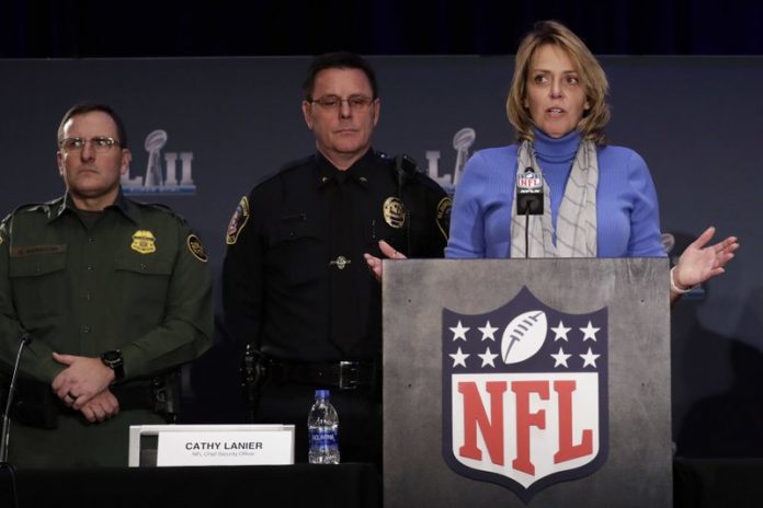 The NFL’s Cathy Lanier speaks during a security news conference with law enforcement in advance of the Super Bowl 52 football game, Wednesday, Jan. 31, 2018, in Minneapolis. The Philadelphia Eagles play the New England Patriots on Sunday, Feb. 4, 2018. (AP Photo/Matt Slocum)