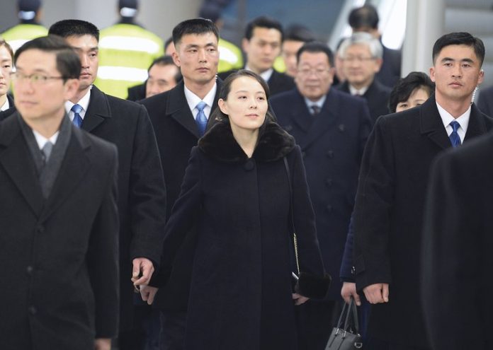 Kim Yo Jong, center, sister of North Korean leader Kim Jong Un, arrives at the Incheon International Airport in Incheon, South Korea, Friday, Feb. 9, 2018. Kim on Friday became the first member of her family to visit South Korea since the 1950-53 Korean War as part of a high-level delegation attending the opening ceremony of the Pyeongchang Winter Olympics.(Kyodo News via AP)