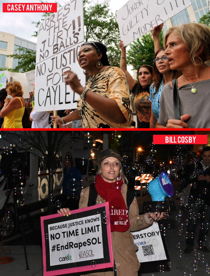 Protesters gathered outside of the courthouse where Casey Anthony was standing trial for murder (top) versus the protester outside of the courthouse where Bill Cosby was standing trial with Bird Milliken aka Bubble Lady (bottom).