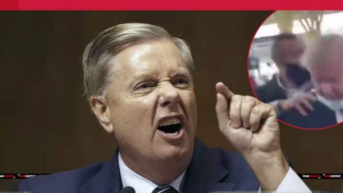 MASKS OFF! Lindsay Graham RUSHED out of airport after calm group approached lawmaker